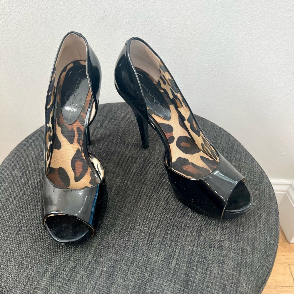 Jessica Simpson Black Patent Leather Peep-Toe Heels with Leopard Print